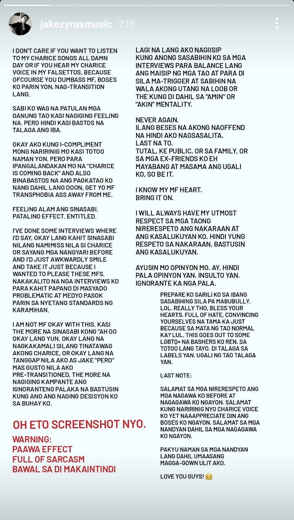 Jake Zyrus cries foul at ‘entitled’ netizens who ‘miss’ Charice